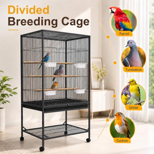 59-inch Open Top Bird Cage, Wrought Iron Bird Flight Cage with Rolling Stand, Slide-Out Tray for Parrot, Parakeets, Lovebird, Finch, Pigeon (Black)