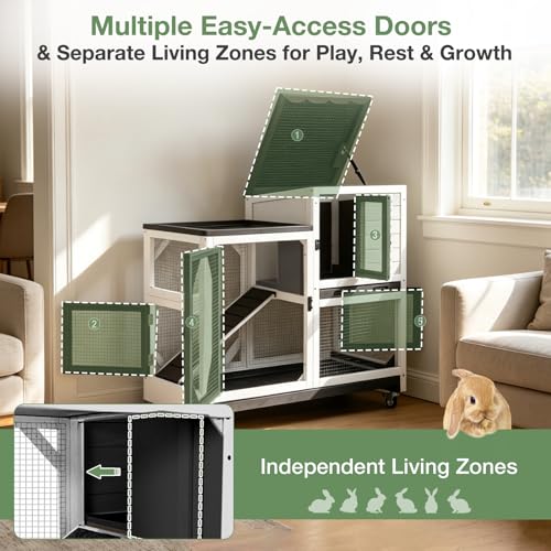 Large Rabbit Hutch Outdoor, 2-Tier Bunny Hutch with Wheels and Waterproof Roof, Wooden Guinea Pig Cage with Leak-Proof Pull-Out Trays, Multi-Door Bunny Cage for Small Animals-Black and White - color: Black and White-AIR7013