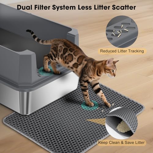 FURTIME Stainless Steel Cat Litter Box, Extra Large Cats Metal Litter Box | High-Sided Open-Top Easy-Clean Litter Pan, Non-Stick, Anti-Leakage, Odor-Free, Comes with Scoop & Mat, 23"×15"×10.5" - color: Grey, size: Large