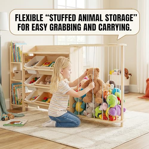 Amdermi Kids Toy Storage Organizer with Bookcase and Stuffed Animal Zoo, 4-in-1 Wooden Multi Bin Toy Shelf for Toddlers, Playroom, Bedroom, Nursery - color: Cream