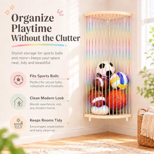 Corner Hammock Shelf with Adjustable Length, Wooden Hanging Wall Storage Organizer, Space Saving Net Shelf for Bedroom, Playroom and Home Décor - style: Rainbow sector