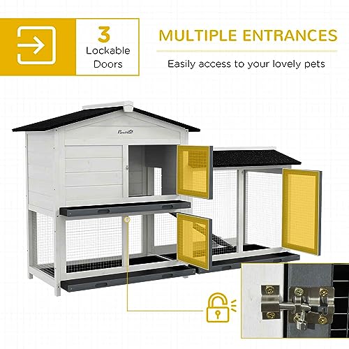 PawHut 62" Rabbit Hutch with Run Area for Rabbits, Chickens, White | Wooden Bunny Hutch, Guinea Pig Cage, Small Animal Enclosure, Removable Tray, Asphalt Roof, Lockable Doors, Ramp for Ducks - color: White
