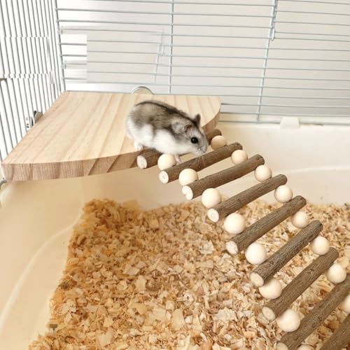 Hamster Wooden Platform with Ladder, Natural Small Animal Standing Platform Cage Accessories for Small Animals, Rat, Chinchilla, Dwarf Syrian, Hamsters, Gerbils, Mice, Degus, Guinea Pig