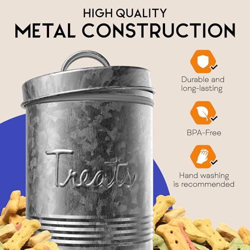 Amici Pet, Retro Treats Galvanized Relief Lettering Metal Storage Canister, Food Safe, Push Top, 72 Ounces (Pack of 2) - size: Large/72 oz (Pack of 2)