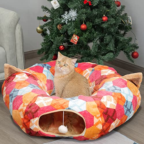 AUOON Cat Donut Tunnel with Bed for Kitten Puppy Rabbit Ferret, Orange | 2-in-1 Interactive Cat Toy, with Hanging Ball Toy, Machine Washable Center Pad, 36"L x 36"W x 10.7"H - color: Orange