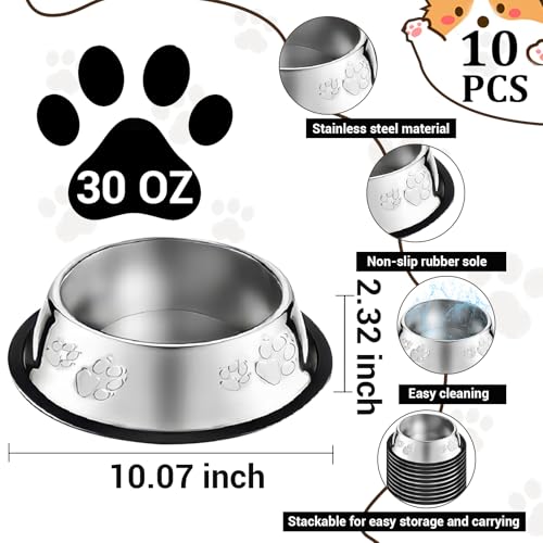 10 Pcs Stainless Steel Dog Bowl Pet Feeding Bowl with Rubber Base Non-Slip Pet Dishes Metal Dog Bowls Pet Food and Water Bowls for Small Medium Animals Kitten Rabbit (30 oz) - size: 30 oz