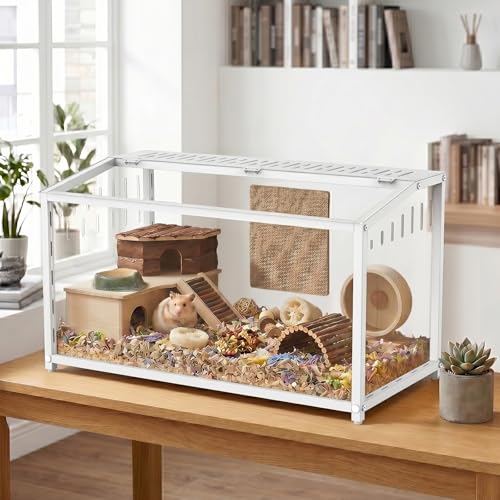 BORISI Hamster Cage Metal - Chewproof Large Hamster Cage, Hamster Habitat with Panoramic View and Ventilated Top, Dwarf Syrian Hamster Tank for Guinea Pig, Gerbil (32”L x 16”W x 16”H, White)