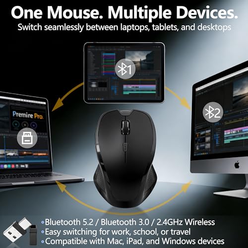 Bluetooth Ergonomic Mouse for MacBook & iPad, Built-In Jiggler, Black | Bluetooth 5.2/3.0 + 2.4G USB-C/USB-A, Silent Rechargeable Mice For Home Office, Study, Laptop, PC, Work, Travel, Students - color: Black