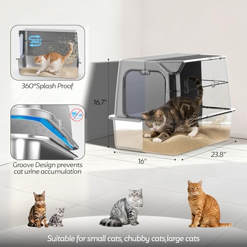 XL Stainless Steel Litter Box with Lid, Enclosed Cat Litter Box,Front Entry | XL for Big Cats, High Sides Enclosed Design, Anti-Urine Leakage, Non-Stick Odor-Free, Easy Clean, Reduce Litter Tracking - color: 14 - Light Gray (Pack of 1)