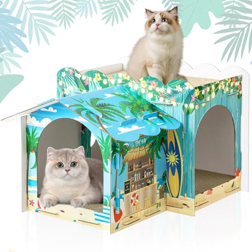 Lineshading 2 Story Cardboard Cat House with Scratcher Pad, Multi Level Durable Cat Scratcher House for Small Kitten Bunny Rabbit Animals Christmas Birthday Gift(17x12x10,Hawaii) - style: Hawaii