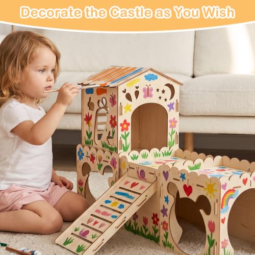 Large Rabbit House with 2PCS Rabbit Scratch Mat, Wooden Bunny Castle with 4 Houses Indoor, Guinea Pig Cage Multistory Climbing Tower Sturdy Wooden Castle, Small Animal Hideaway Tunnel - size: 4 Houses with Pad