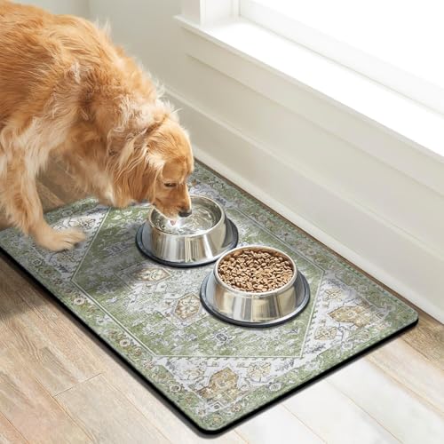 Dog Food Mats for Floors, Absorbent Dog Bowl Mat for Food and Water Dispenser Mat, Quick Dry Cat Food Mat Pet Supplies - color: Green, size: S(12"×20")