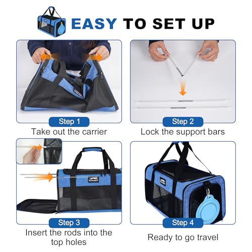 Pet Carrier Airline Approved, Soft Sided Cat Carrier for Small Pets up to 13 lbs, TSA Approved Dog Travel Bag, Portable Soft Sided Pet Carrier for Kittens and Puppies (Blue, Folding Bowl) - color: BLUE