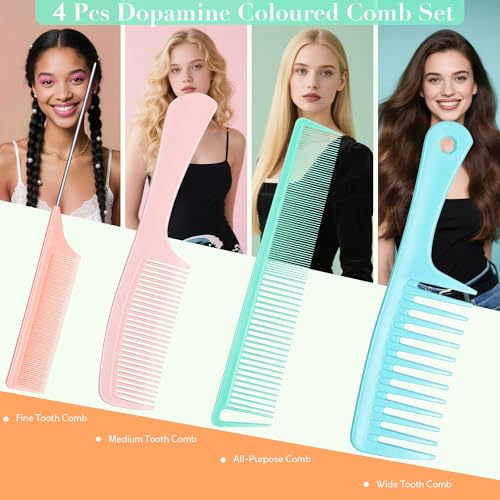 SALONSILK Dopamine Colorful 4PCS Professional Comb Set, Wide Tooth Rat Tail Fine Tooth Hair Combs, Braiding Cutting Barber Styling Curly Parting Set for Men and Women - color: Dopamine-4 PCS
