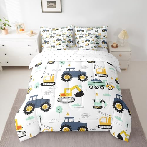 Erosebridal Cartoon Car Kids 7 Pcs Comforter Set Full,Kids Construction Vehicles Bed in a Bag for Boys Girls Teens,Tractor Machinery Trucks Bedding Set,Excavator Construction Site Cars Fitted Sheet - color: Blue Green Yellow, size: Full