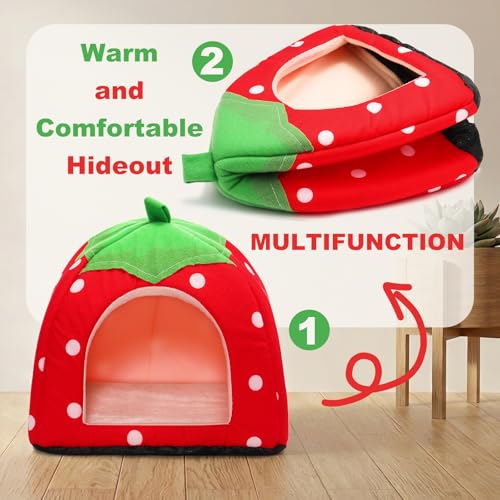Guinea Pig Bed Rabbit Hideout Warm Fleece Cuddle Cup Washable Sleeping House for Small Animals Pet/Ferret/Chinchilla/Bunny Strawberry Red - color: Strawberry red