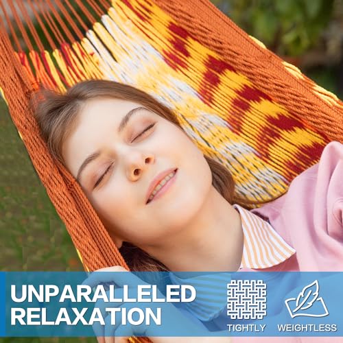 Handwoven Rope Mayan Hammock for Outside, 600 lbs Capacity | 2 Person, Portable Carrying Bag, Easy-Used Tree Straps, Carabiners, Soft Fabric, Patio (Sunset, X-Large) - color: Sunset, size: X-Large