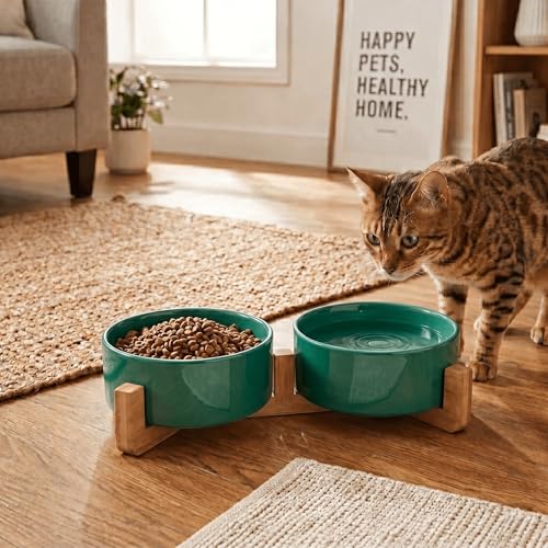 SPUNKYJUNKY Ceramic Dog and Cat Bowl Set with Wooden Stand, Modern Cute Weighted Food Water Set for Small Size Dogs (13.5OZ) & Medium Sized Dogs (28.7OZ) & Cats (1.7 Cups, 2 × Light Green) - color: Light Green × 2, size: 1.7 cups