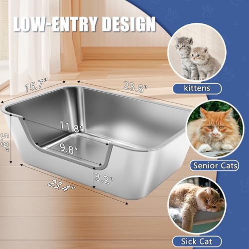 2 Pack Stainless Steel Cat Litter Box with Low Entry,Litter Pan for Big Kitty and Multiple Cats,Easy to Clean,Non-Stick,Odor-Free,Suitable for Kittens,Senior Cats and Injured Pets,23.6"x15.7"x5.9" - color: Silver(2 PACK), size: 23.6"L*15.7"W*5.9"H