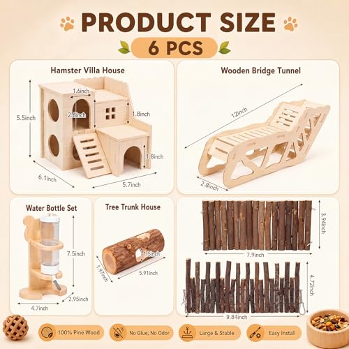 BreezeHug 6 Pcs Hamster Wooden Cage Accessories Include Hideout Climbing Tunnel Maze Wood House Natural Tunnel Tube Flexible Bridge Fence Water Bottle Toy Set for Small Animals Syrian Gerbil Rat - style: Stylish