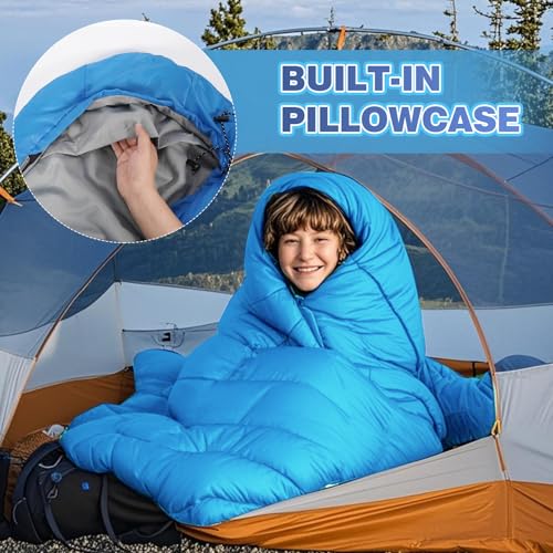 REDCAMP Kids Mummy Sleeping Bag for Camping, 3 Season Cold Weather Sleeping Bag Fit Boys,Girls & Teens, Blue/Rose Red - color: Blue for Kids Mummy