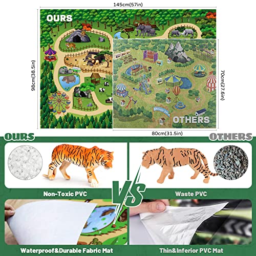 FRUSE Safari Animals Figures Toys with 57”x38.5” Play Mat for Toddlers 3-5 | 12 PCS Jungle Wild Zoo Animals Figurines, Storage Box, Tiger, Lion, Elephant, Toddler Learning Toys, Gifts for Kids 3 4 5 6 7