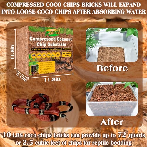 10LBS Coconut Husk Chip Substrate for Reptiles, 72QT Coco Husk Chips | Organic Coco Coir Chips for Snake Habitat, Reptile Bedding for Ball Python, Tortoises, Geckos, Lizards Terrarium Tanks - color: 1 Pack-10 LBS