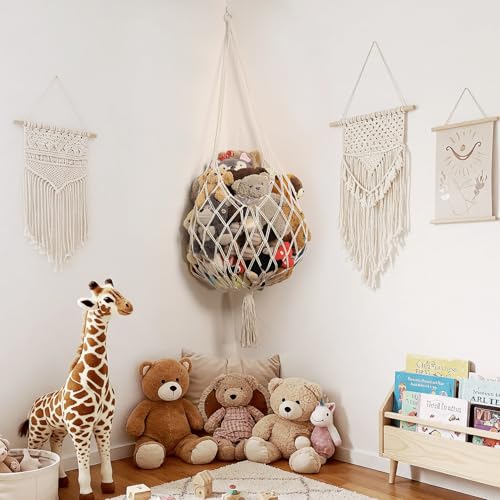 Amdermi Stuffed Animal Storage Hammock Corner Hanging Net Stuffy Animal Hammock Macrame Toy Display Plush Toy Holder for Kid Bedroom Decor Boho Nursery Playroom Organizer (Cream) - color: Cream