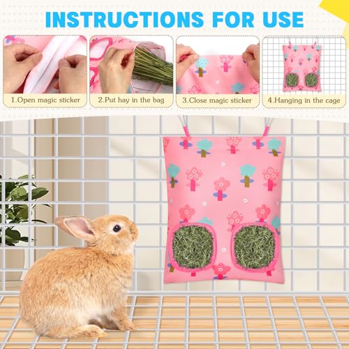 UPINS 3Pack Guinea Pig Hay Feeder Bag,Bunny Rabbit Cage Bag Hanging Holder | Guinea Pig Cage Feeder,for Bunny Rabbits,Chinchillas,Hamsters,Small Pets,and Animals - color: Pink Blue Orange