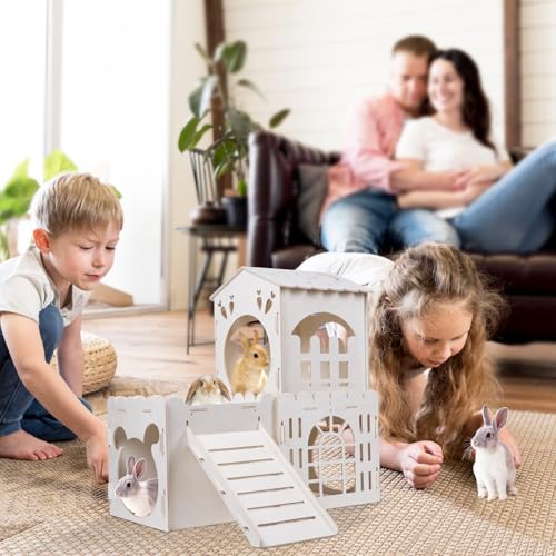 Large Rabbit House with 2PCS Rabbit Scratch Mat, Wooden Bunny Castle with 3 Houses Indoor, Guinea Pig Cage Multistory Climbing Tower Sturdy Wooden Castle, Small Animal Hideaway Tunnel - size: 3 Houses with Pad