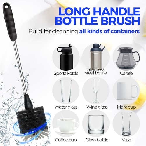 Holikme 4 Pack Bottle Brush 14" Stainless Steel Straw Cleaner Brush,Black | Bottle Cleaner Brush, 3 Straw Cleaner Brush, Bottle Cleaning Brush for Water Bottle, Cups Straw Cleaner Brush - color: Black