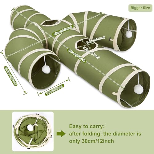 Ownpets Cactus Cat Tunnel 12" with Peek Holes for Indoor Large Cat, Green | Durable Oxford fabric, noise-free, foldable & connectable, multi-cat friendly, tube for cats up to 20lb, includes ball & wand - size: 12 Inches in Diameter