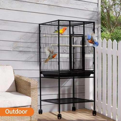 Spacious Flight Bird Cage with Rolling Stand & Storage Shelf - Durable Wrought Iron Parrot Home w/Play Top & Bowls - Easy Clean, Ideal for Parakeets, Cockatiels, Conures - size: 25.4"L x 19.7"W x 5.9"H
