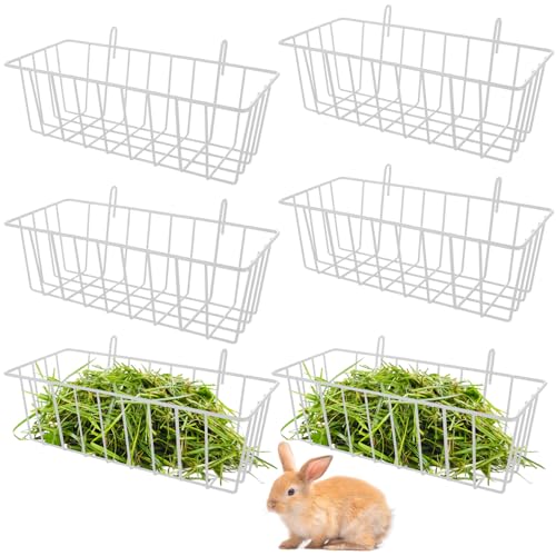 6 Pack Rabbit Hay Feeder, Heavy Duty Metal Bunny Hay Holder with Hooks, 9 x 4 x 3 Inch Hanging Hay Rack for Rabbit Cage, Guinea Pig, Chinchilla, White - color: White