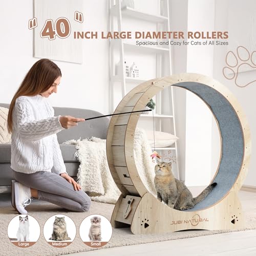 43" Cat Exercise Wheel, Quiet Treadmill with Removable Carpet | 50 lb capacity, TPE low-noise rollers, under 6 mm anti-pinch gap, safety lock, removable carpet and stable base - color: WOOD, size: 43"
