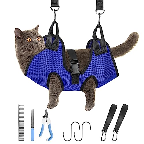 PatiencET Cat Grooming Hammock Kit | For Cats & Dogs up to 12 lb, Hanging Harness and Sling for Nail Trimming, Includes Clippers/Trimmer, File & Comb, Blue XS - color: Blue, size: XS (12 LB Max)