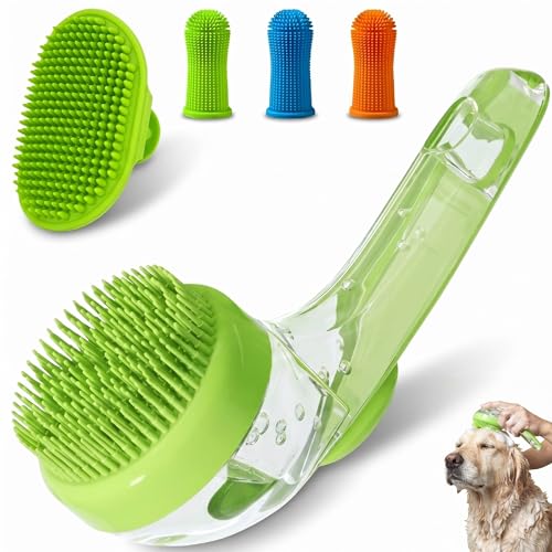 5PC pet grooming bath brush set - silicone massage brush with shampoo dispenser - suitable for dogs and cats for bathing, removing loose hair, and oral cleaning (green) - color: green
