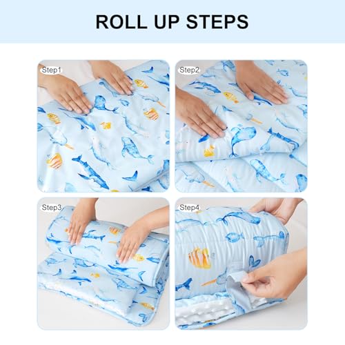 david's kids Toddler Nap Mat with Removable Pillow and Minky Fleece Blanket, Ultra Soft Slumber Bags for Boys, Perfect for Preschool, Daycare, Kids Sleeping Bags with Rollup Design, 50"x20", Whale - color: Whale