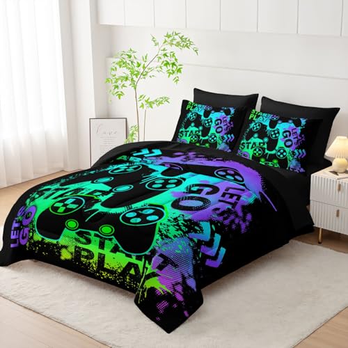 7pcs Gamer Comforter Set Green Gamepad Printed Bedding Set with 1 Comforter, 1 Flat Sheet, 1 Fitted Sheet and 4 Pillowcases for Boys and Girls Bedroom (Gamepad-2 King - color: Gamepad-2, size: King 102x91inches