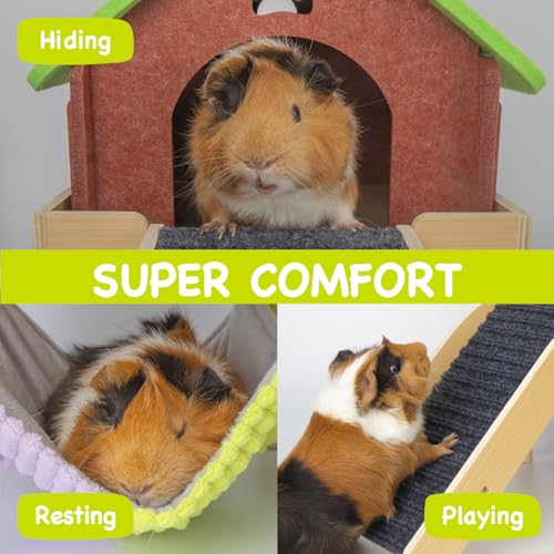 BESNEW 3 in 1 Enlarged Guinea Pig Hammock,Wooden Guinea Pig Hideout with House & Platform & Stairs Small Animal Toys for Hiding Sleeping Activities - color: Green Roof