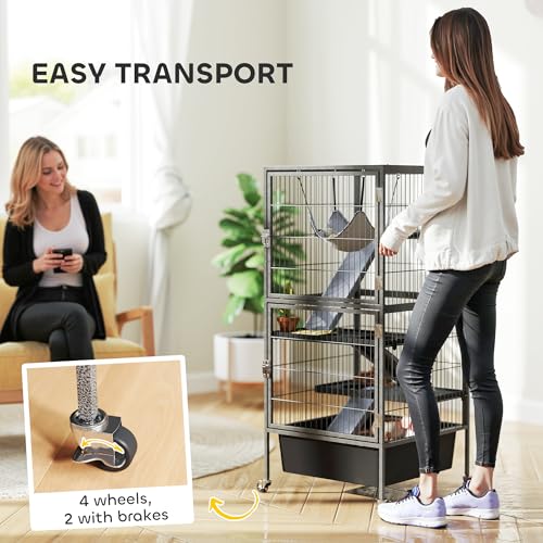 PawHut 45 Inch Small Animal Cage, 4-Tier Rolling Ferret Chinchilla Rabbit Cage with 6 Inch Deep Slide-Out Tray, Platforms, Hammock, for Bunnies, Ferrets, Chinchillas, Squirrels, Gray | Ferret Chinchilla Rabbit Cage, 6 Inch Deep Slide-Out Tray, Platforms,