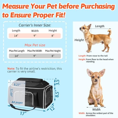 Top-Expandable Small Pet Carrier 17"x12"x8.5" Airline Approved | for JetBlue/Frontier/Spirit Airlines, Lockable Safety Zippers and Anti-Scratch Mesh, Soft-Sided, Pets Under 8 Lbs, Black - color: Black, size: 17.0"L x 12.0"W x 8.5"H