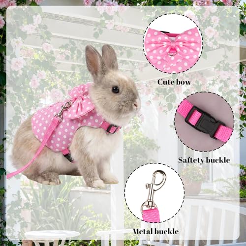 Bunny Harness and Leash Set, Soft Mesh Rabbit Harness with Bow, Adjustable Escape Proof Vest for Small Pets Rabbits Kittens Guinea Pigs (Pink Polka Dots, M) - size: M