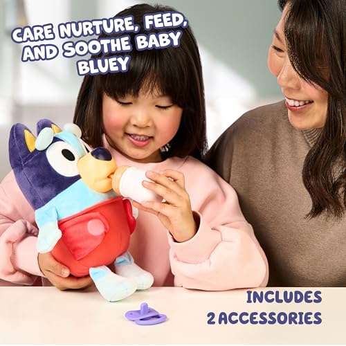 Bluey Toys, Care and Cuddle Baby Plush Toy, 11", 10 Sounds, Ages 3+ | Includes bottle, pacifier, and removable cloth diaper for nurturing play, interactive toddler toys - style: Cuddle & Care Baby Bluey