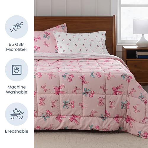 Berkshire LIG Printed Reversible Microfiber Comforter Set–5-Piece, Ultra Soft All-Season Bedding, Wrinkle & Fade Resistant, Twin, Cherry Bows Blush - color: Cherry Bows Blush, size: Twin