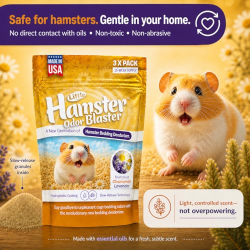 Hamster Odor Blaster | a New Generation Of Animal Bedding Deodorizer | Unique Slow Release Formula | Natural Fresh Scent - Lavender & Chamomile | Up to 15 Weeks Supply | 3 x 0.5oz bags
