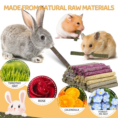 52Pcs Rabbit Chew Sticks, Guinea Pig Toys, Natural Timothy Teeth Stick | Rabbit Bunny Chew Sticks Toys for Teeth Mixing Flowers, Roses, Calendula and Forget Me Not, Small Animals Treats - size: 52Pack-Sticks