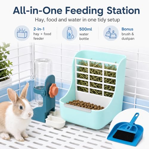 HERCOCCI Rabbit Hay Feeder and Water Bottle Set, 500ml Bunny Water Dispenser with Food Bowl, 2-in-1 Hay Rack Feeder for Guinea Pig, Chinchilla, Hedgehog, Small Animals - color: BLUE