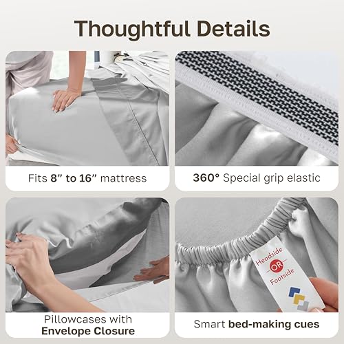 California Design Den 100% Egyptian Cotton Queen Size Sheets, Light Grey | Backed by Good Housekeeping Seal, Light & Airy Soft Sateen, 16" Deep Pocket, All-Around Elastic, Durable, Easy Care 4pc Set - color: Light Grey, size: Queen