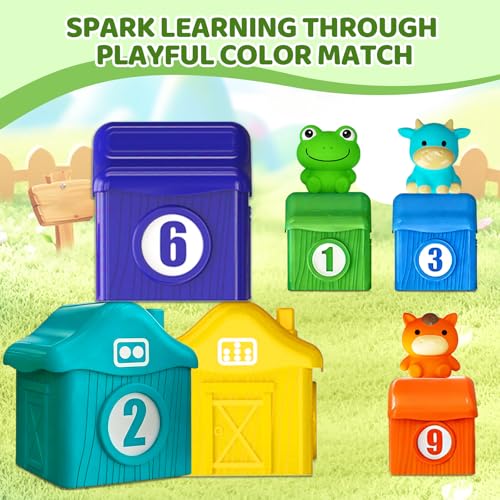 Toddler Learning Toys for 2 3 Year Old, Counting Matching & Sorting Montessori Train Set with 9 Farm Animals Finger Puppets, Birthday Gift for Baby Boys Girls